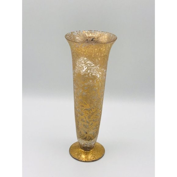 Vintage Lotus 22 karat gold vase. Floral pattern. 8 1/4” tall x 3”opening. - Picture 8 of 8